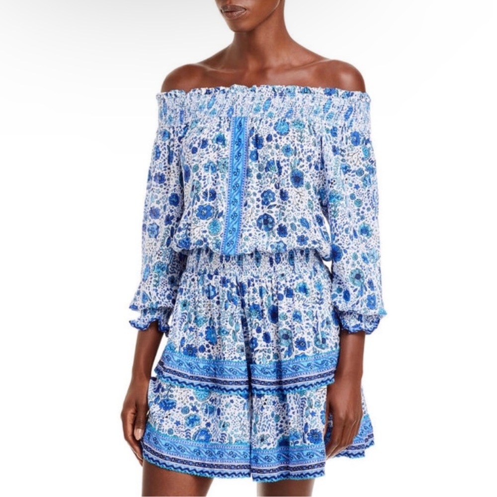 NWOT Poupette St. Barth Sylvia Off-the-Shoulder Smocked Waist Mini Dress- blue